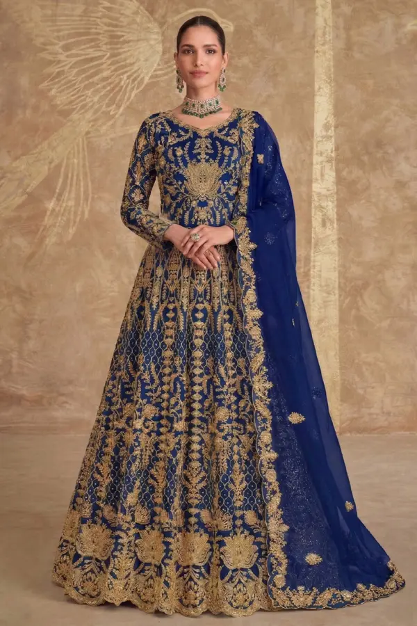 Front view of the Blue Anarkali Gown for Women showcasing heavy stone work on pure butterfly net bodice.