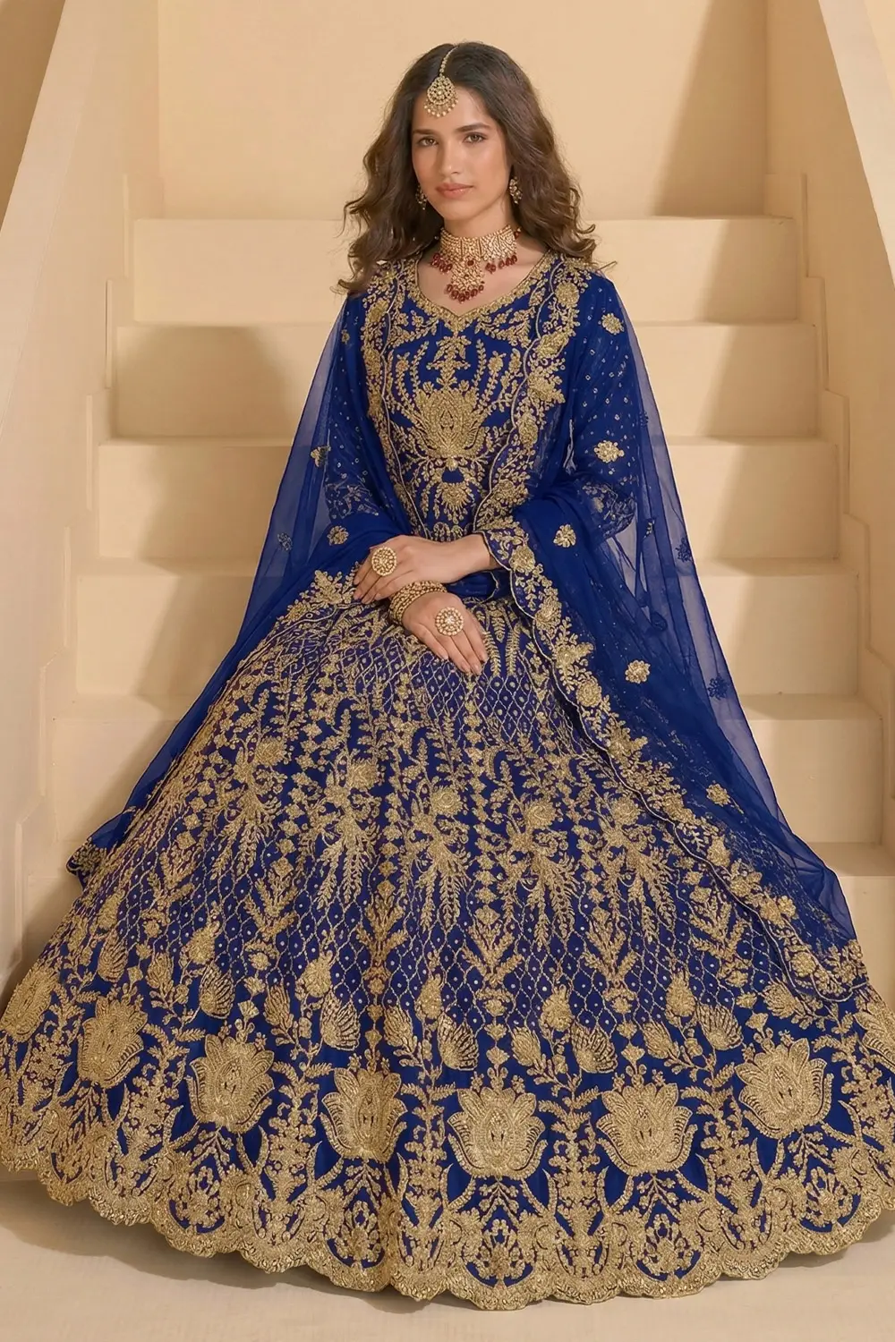 Close-up of intricate coding and stone embellishments on the Designer Blue Anarkali neckline.