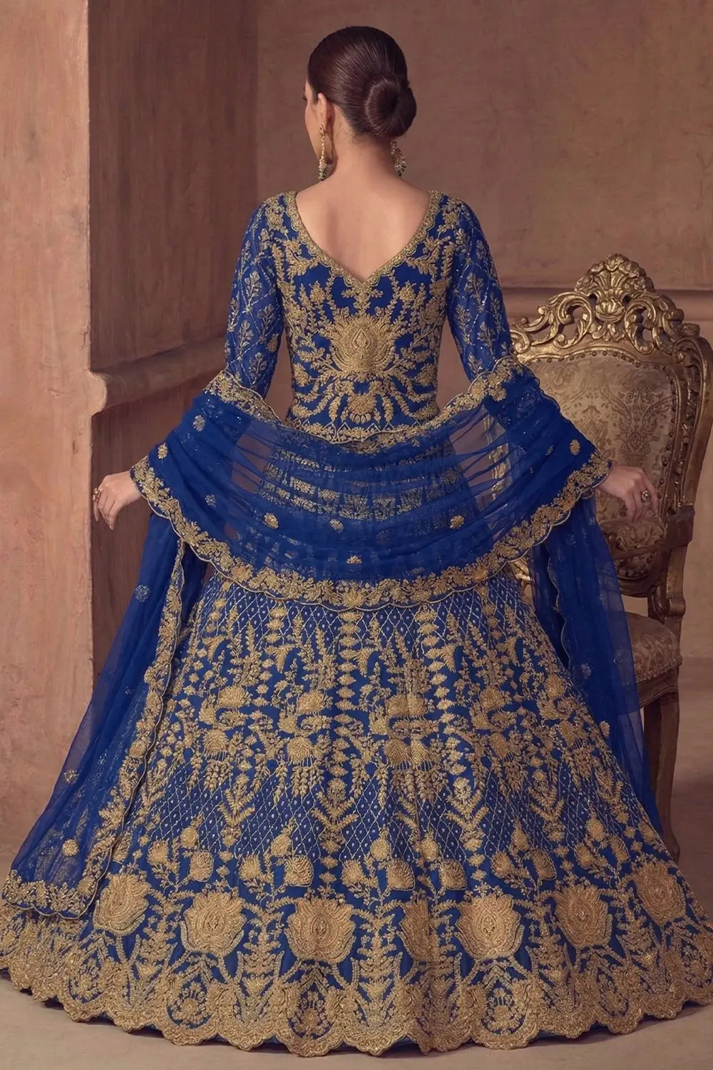 Back view of the Wedding Wear Anarkali Dress highlighting the detailed embroidery and dupatta drape.