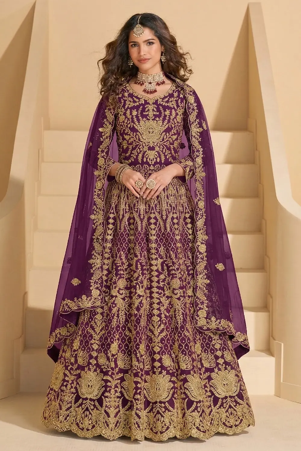 Royal Purple Silk Anarkali Dress with Heavy Stone Work & Net Dupatta Royal Purple Silk Anarkali Dress with Heavy Stone Work & Net Dupatta