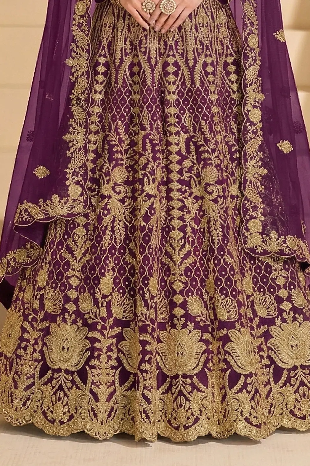 Back view of the Party Wear Anarkali Gown highlighting the detailed embroidery and flowing net dupatta.