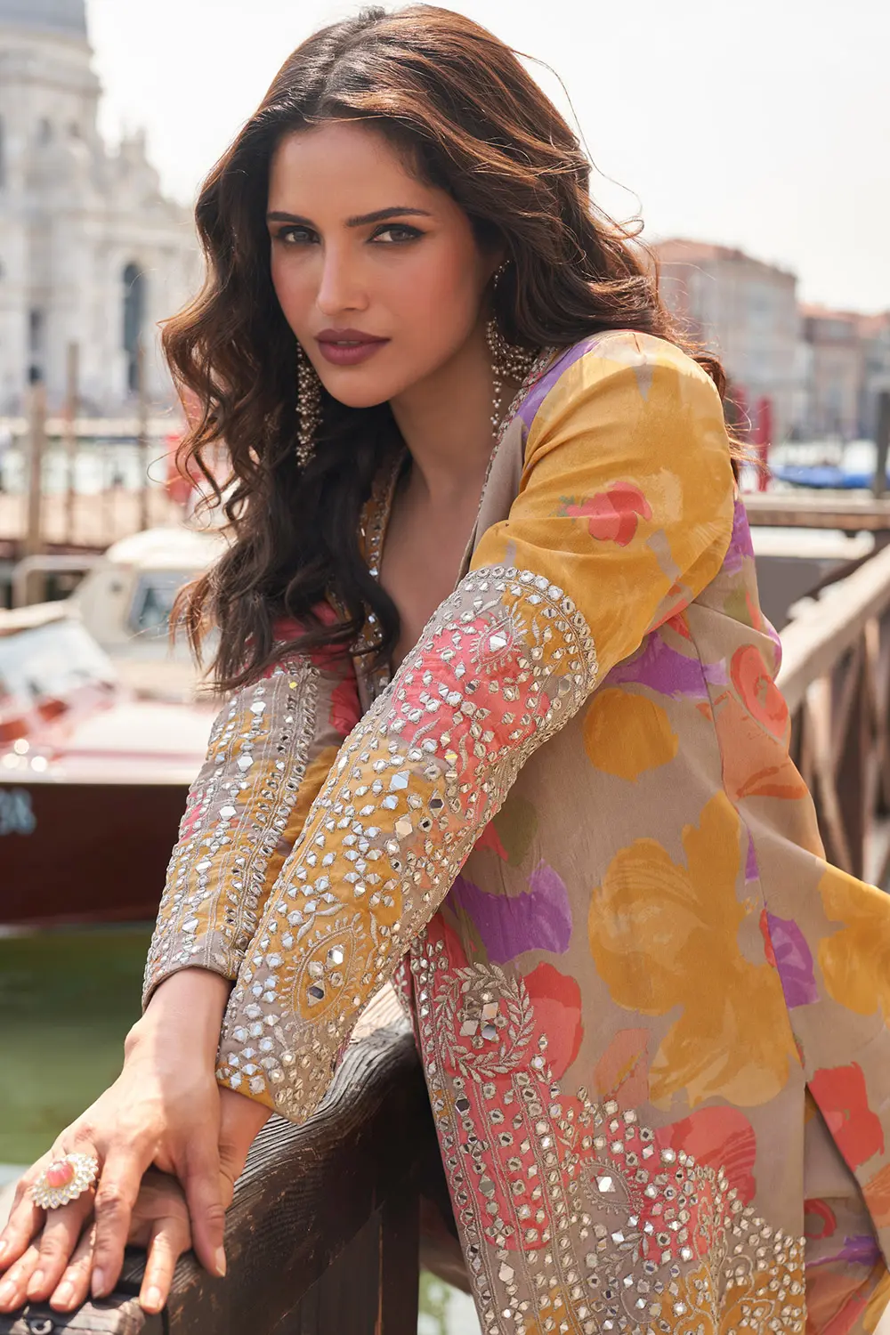 Orange Sharara Suit back side hand mirror work detail