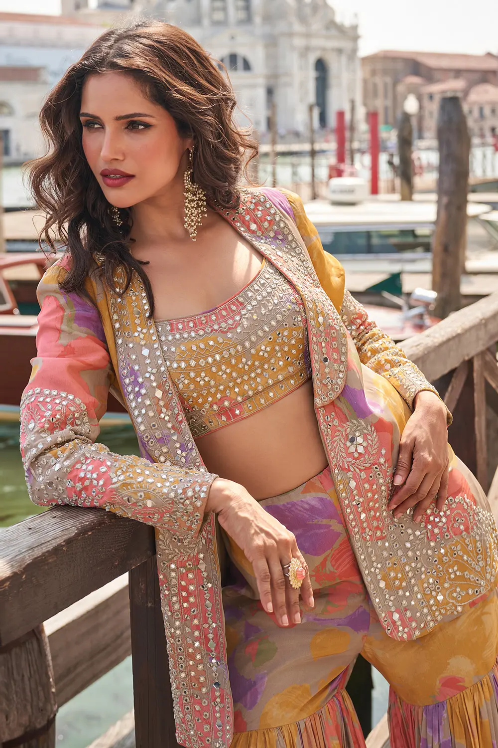 Close-up of abstract print on Orange Sharara Suit top