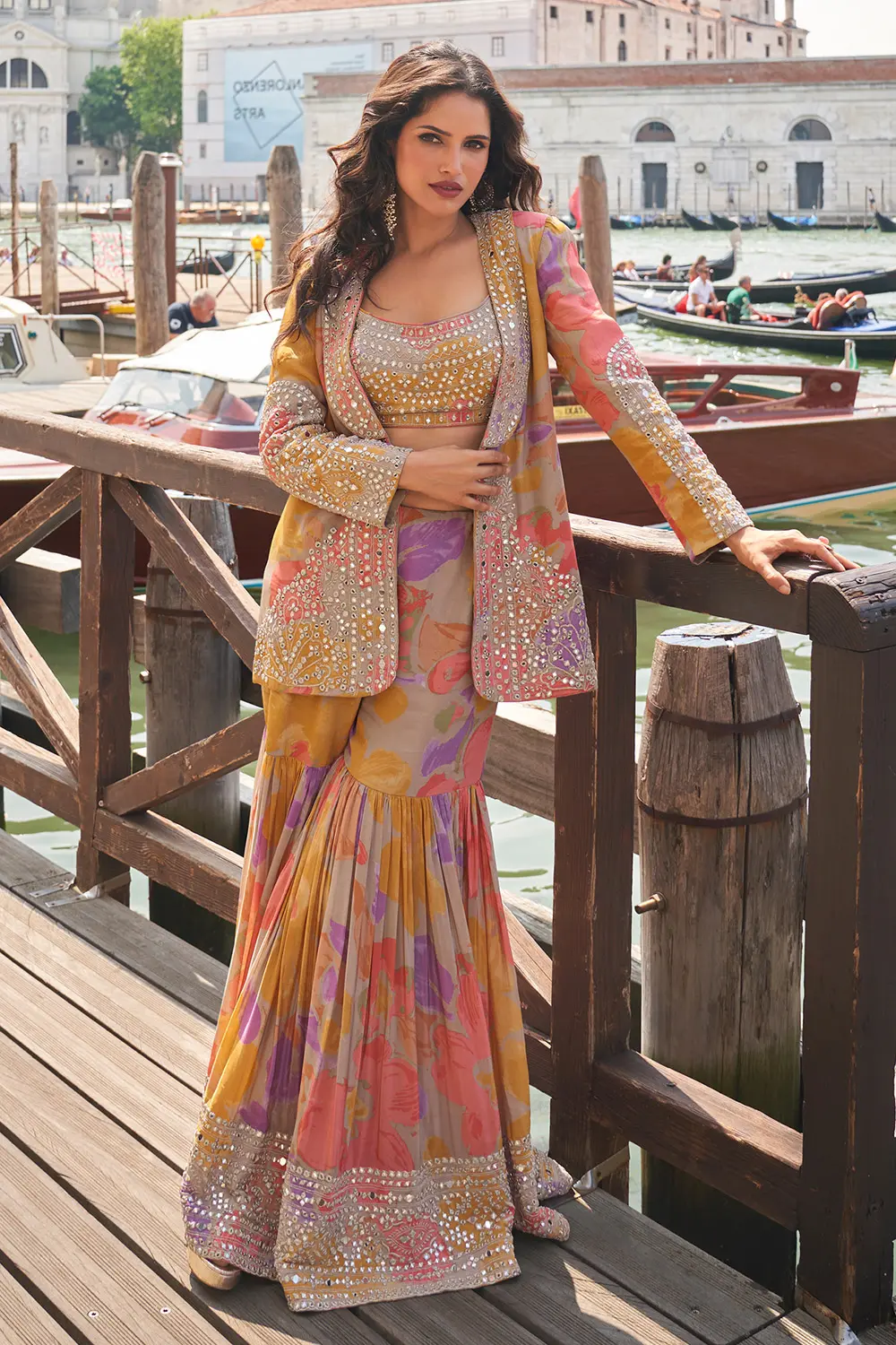 Orange Sharara Suit – Abstract Printed Chinnon Silk Gharara with Embroidered Jacket Orange Sharara Suit – Abstract Printed Chinnon Silk Gharara with Embroidered Jacket