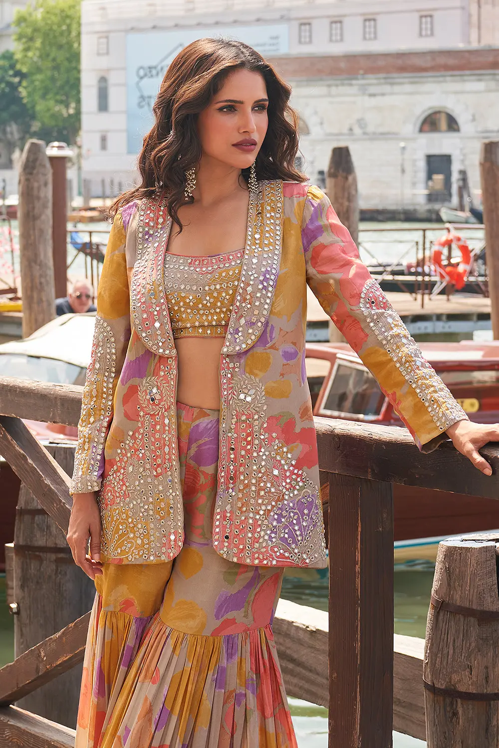 Orange Sharara Suit blouse and gharara bottom with abstract pattern