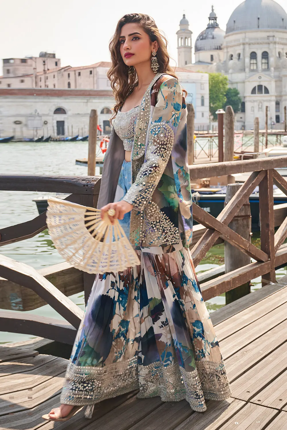 Model wearing Blue & Grey Sharara Set – indo western gharara suit