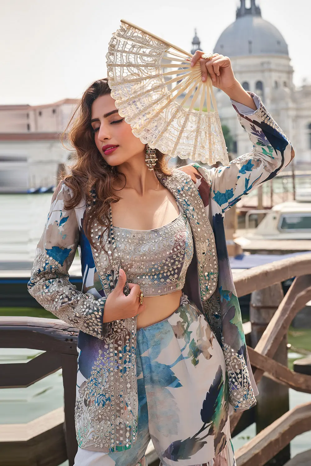 Blue & Grey Sharara Set back side mirror work detail