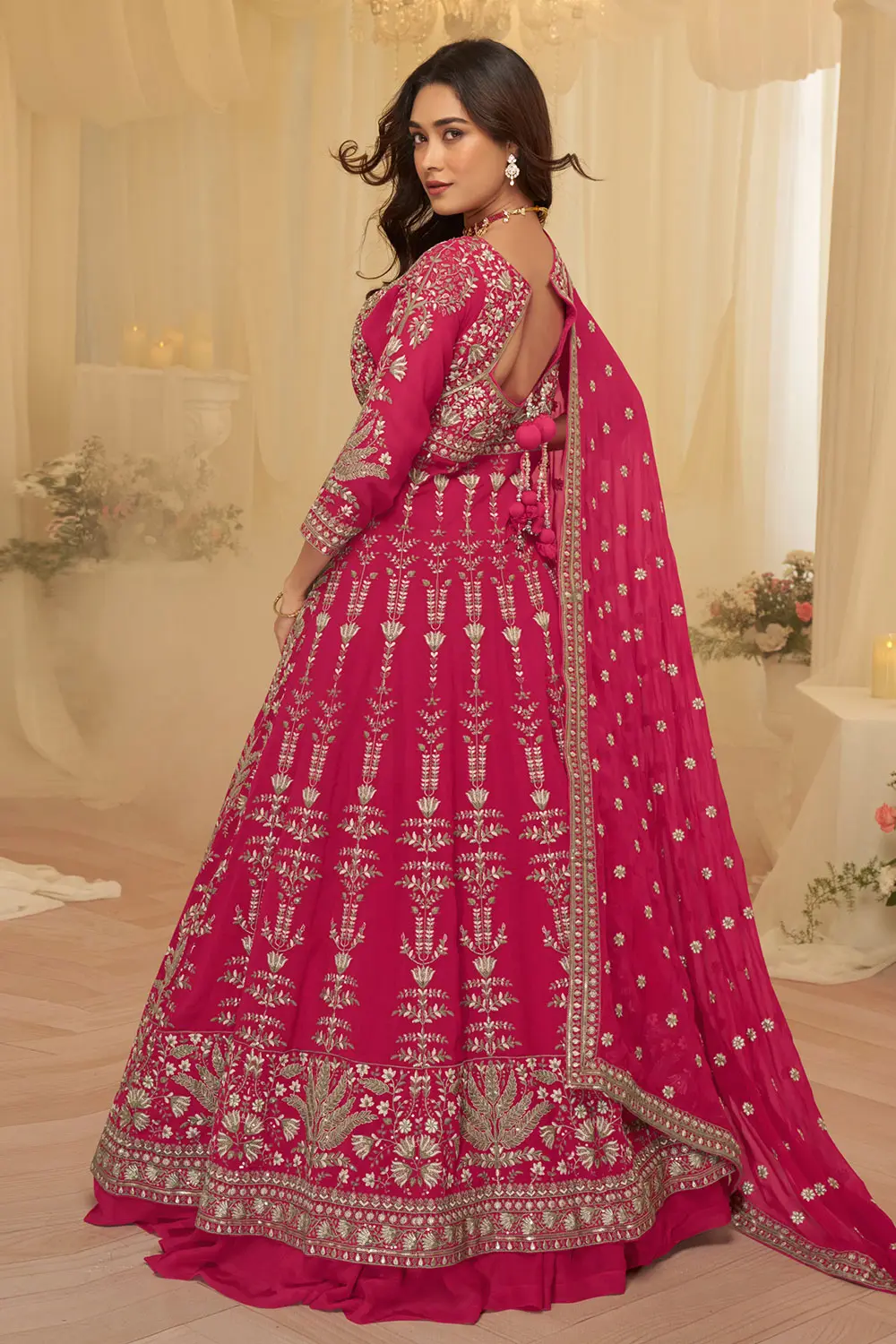Back embroidery close-up of rani pink Anarkali suit