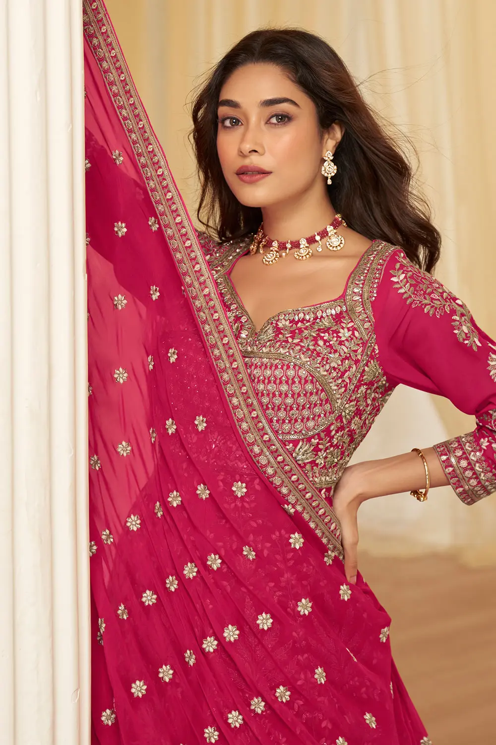 Cut-top and skirt pairing of Anarkali pink suit from Khaish