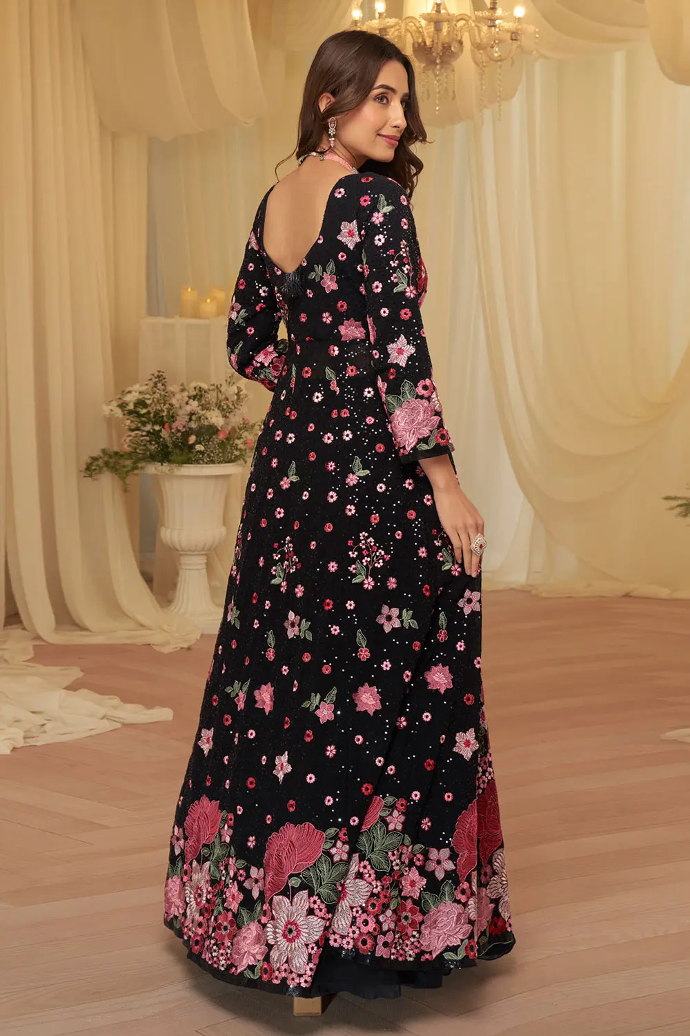 Back embroidery detail of black Anarkali suit with dupatta