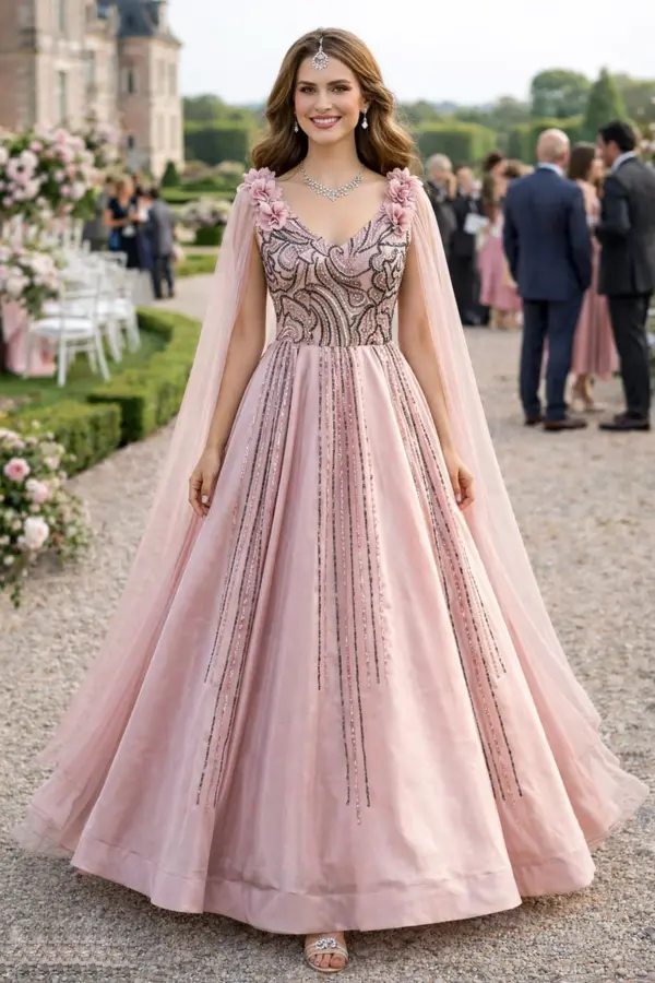 Pink anarkali dress full front view with heavy embroidery