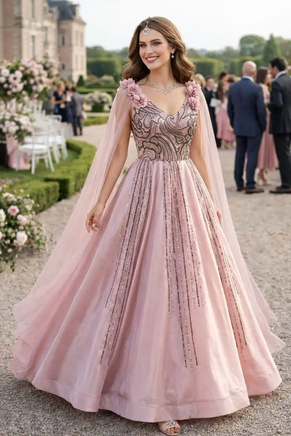Full length pink anarkali dress in dusty pink - Anarkali suit party wear