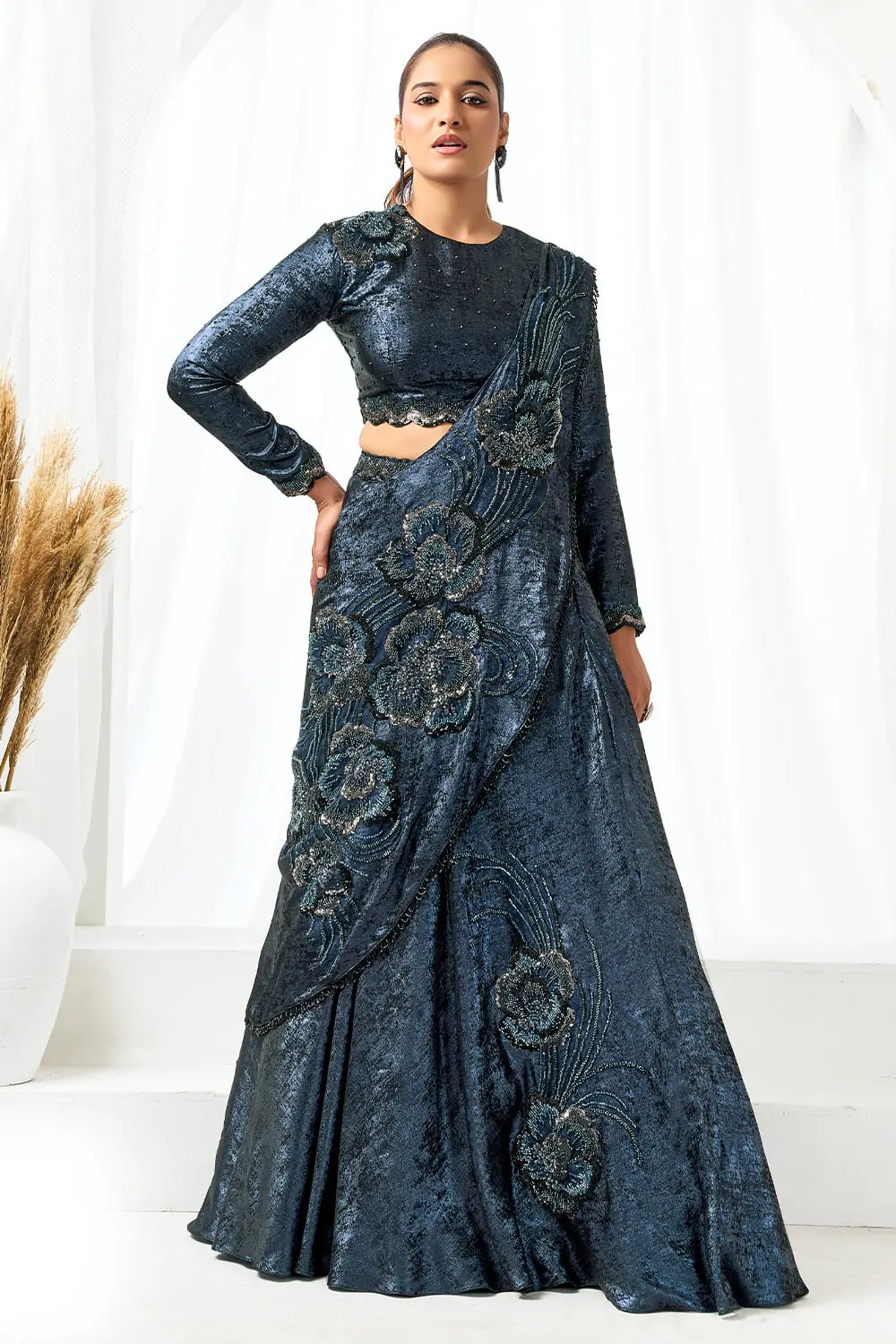 Stunning Midnight Blue Pre-Draped Saree Gown – Metallic Satin Silk with Embellishments Stunning Midnight Blue Pre-Draped Saree Gown – Metallic Satin Silk with Embellishments