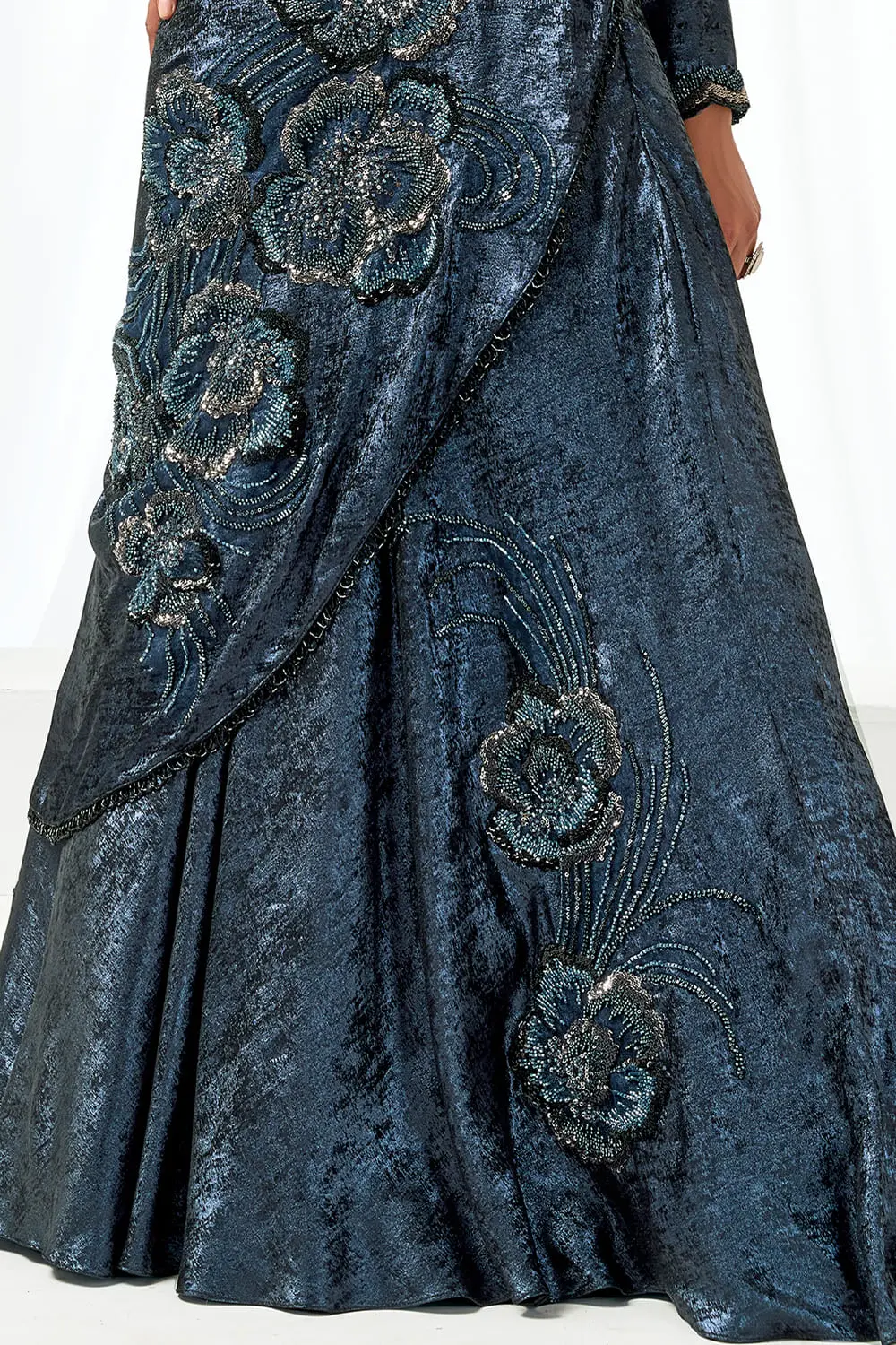 Pre draped saree gown back detail showing metallic satin silk drape