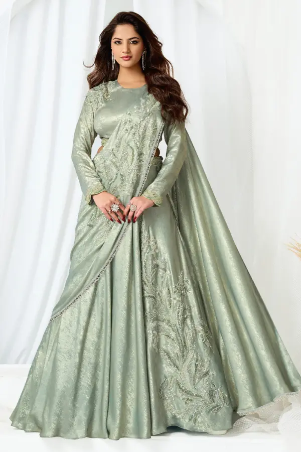 Light green saree style gown front view with leaf embroidery and sequins