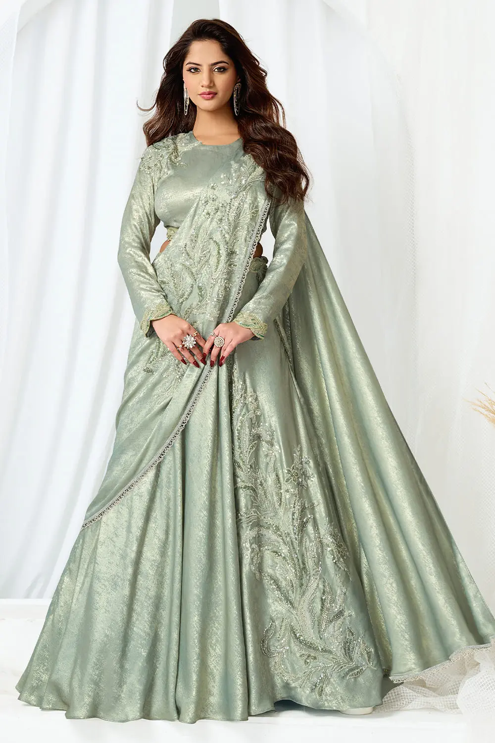 Gorgeous Light Green Saree Style Gown – Embroidered Metallic Satin Silk for Parties & Engagement Gorgeous Light Green Saree Style Gown – Embroidered Metallic Satin Silk for Parties & Engagement
