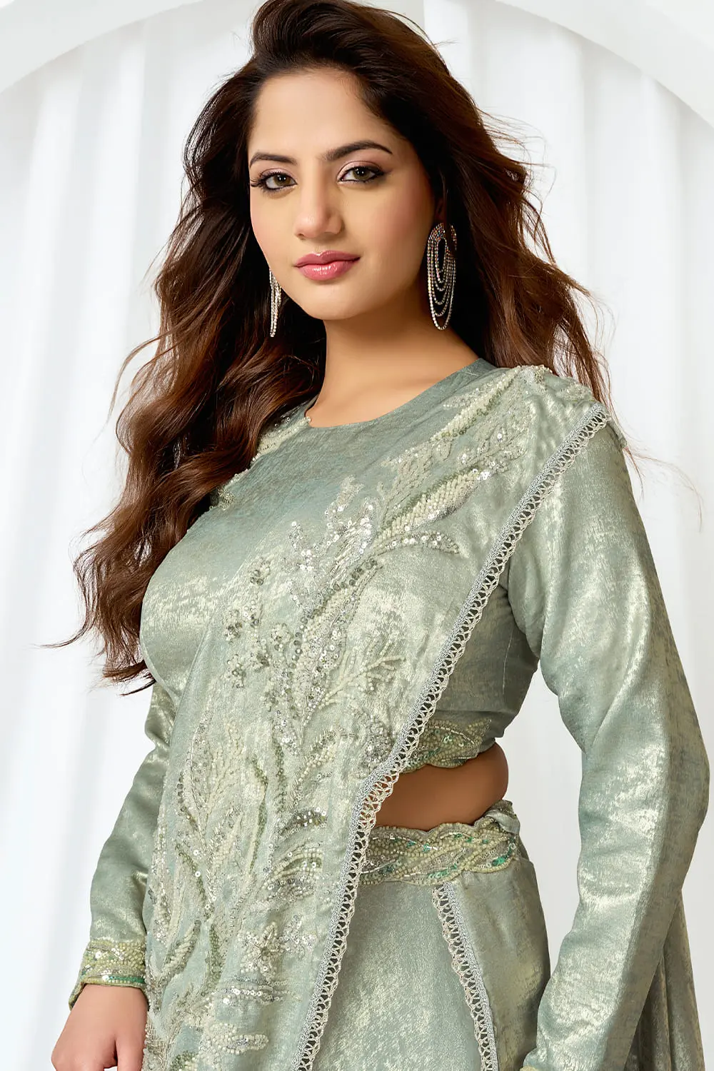 Plus size saree dress back drape showing metallic satin silk fabric