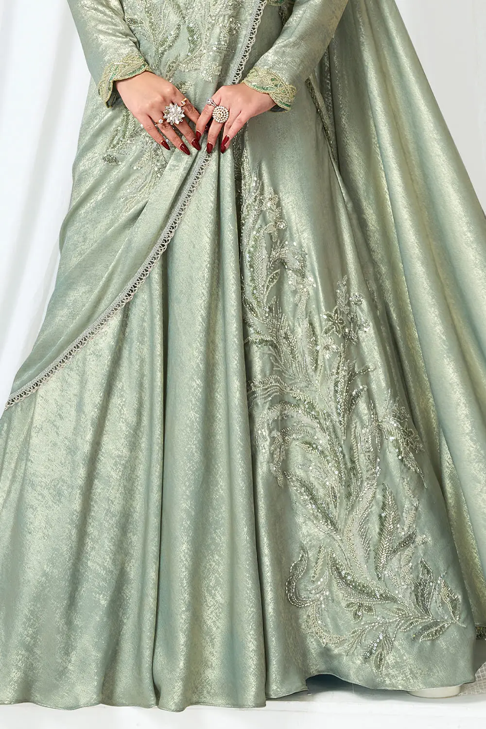 Designer saree party wear – light green gown with matching blouse