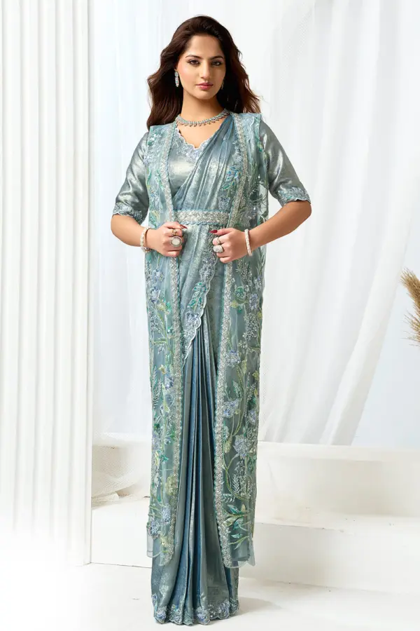 Grey saree party wear front view with jacket closed showing Armani tulle and beadwork