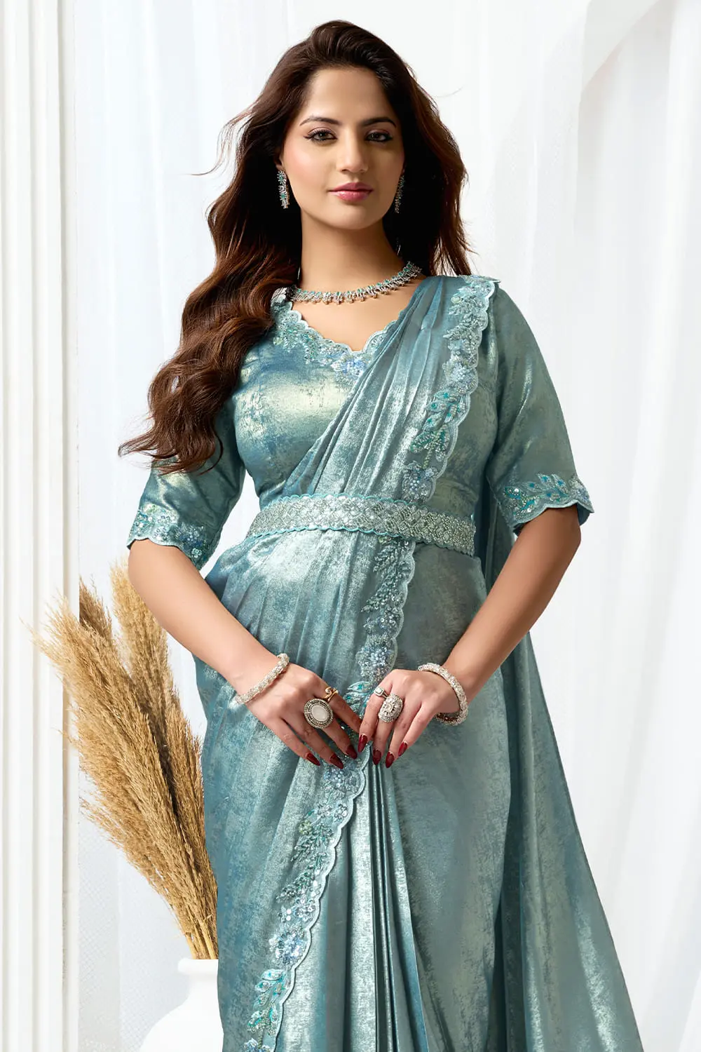 Grey saree party wear with jacket removed – pre draped saree alone