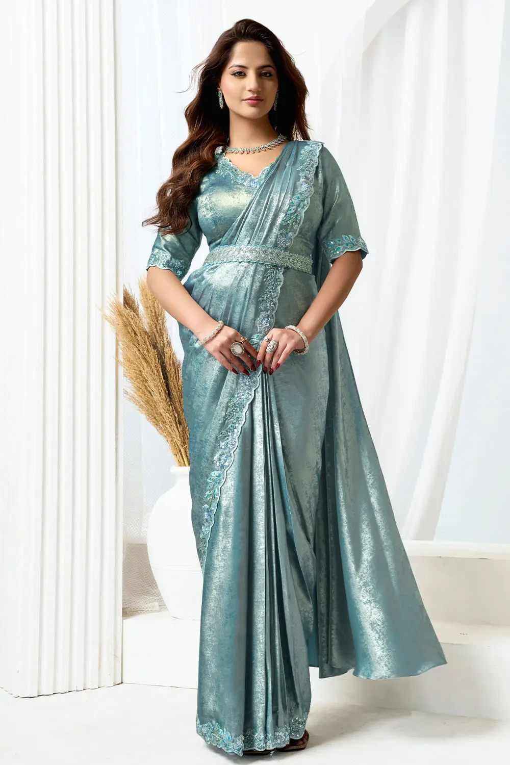 Party wear saree for wedding – grey saree with stone-studded tulle skirt