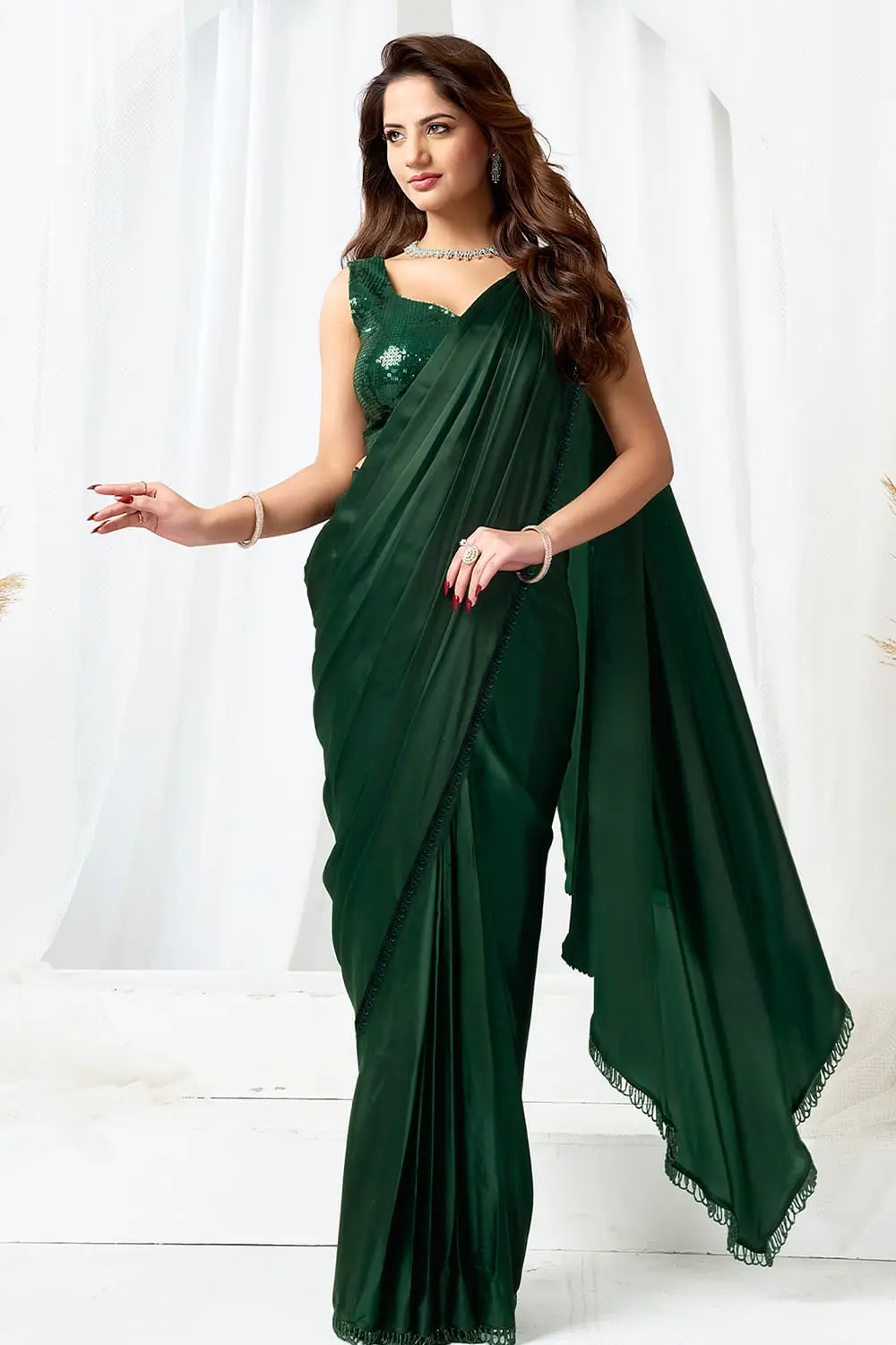 Pre stitched saree online – green party wear saree back drape with blouse and open jacket