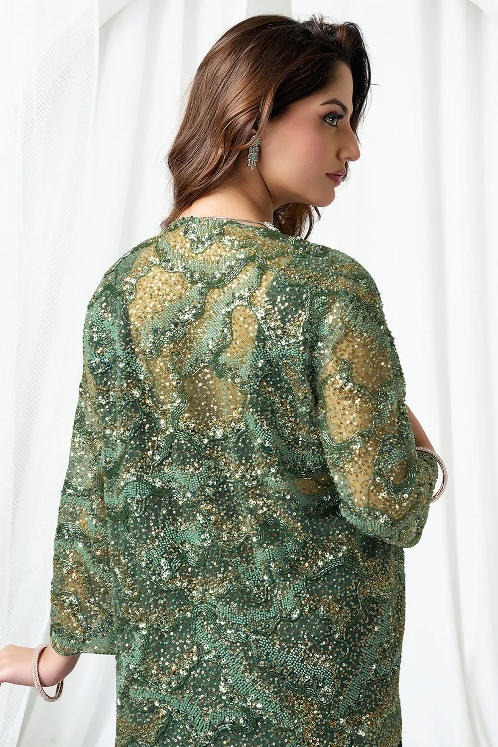 Party wear saree for wedding – green satin silk saree with matching blouse only, no jacket