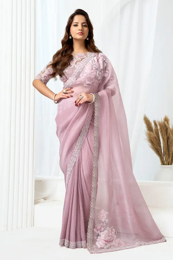 Pink fancy saree party wear front view with satin silk shine and sequin bead embroidery