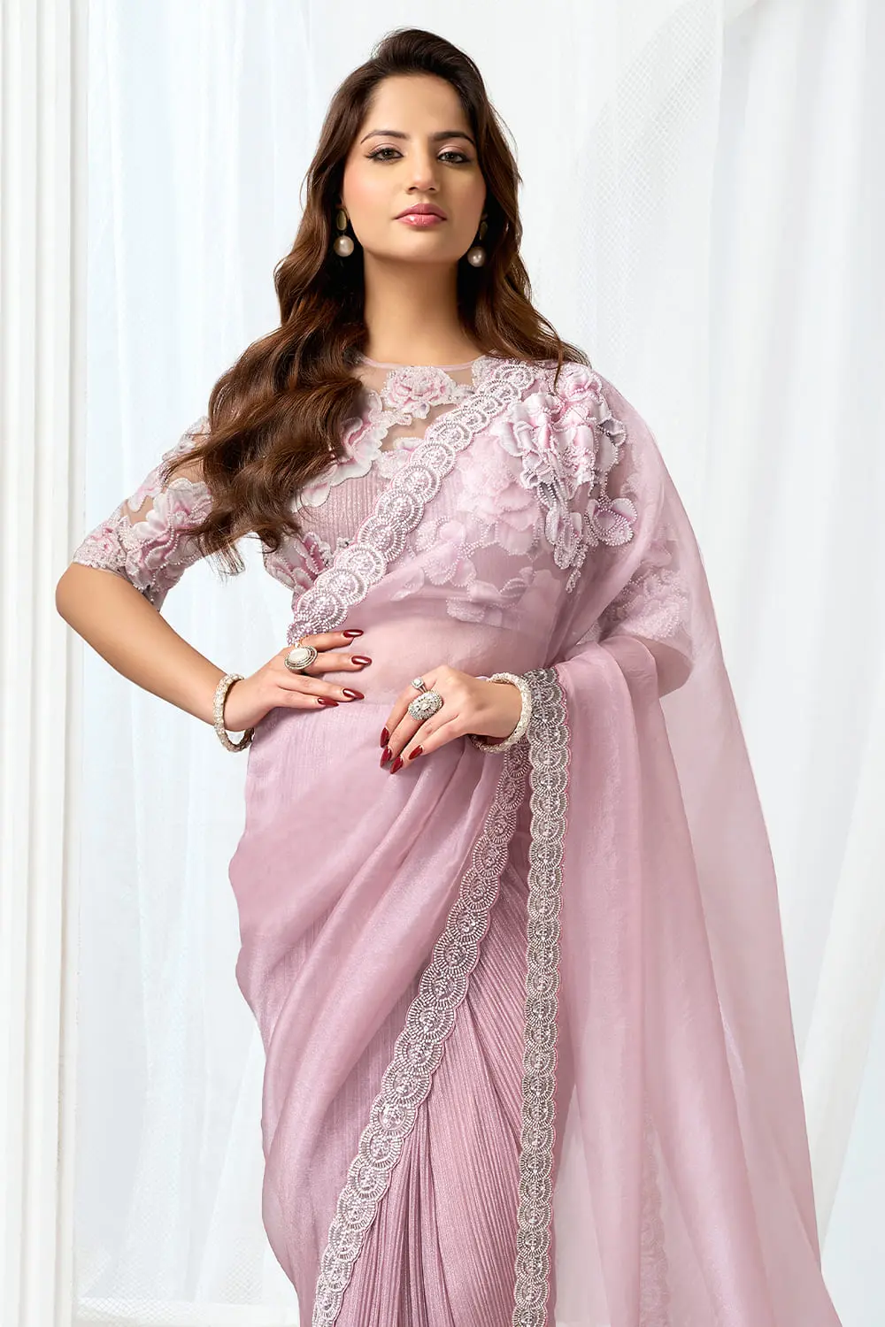 Designer saree party wear – back view of pink satin silk saree with blouse