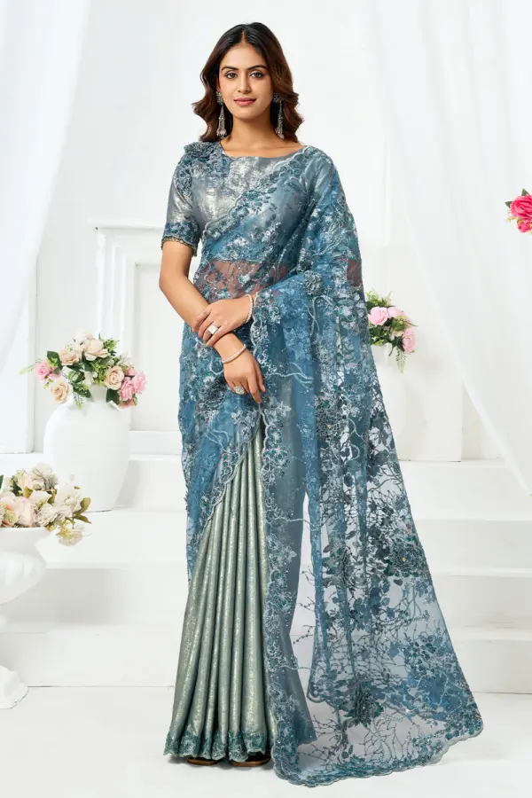 Dusty blue engagement saree for bride front view with satin silk sheen and sequin embroidery