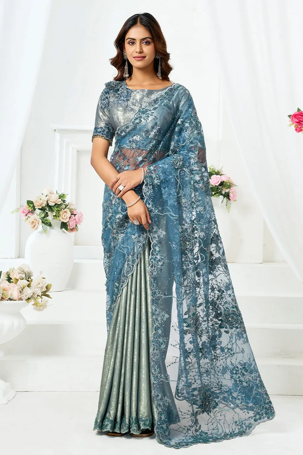 Dreamy Dusty Blue Engagement Saree for Bride – Pre-Draped Lustrous Satin Silk Saree Set Dreamy Dusty Blue Engagement Saree for Bride – Pre-Draped Lustrous Satin Silk Saree Set