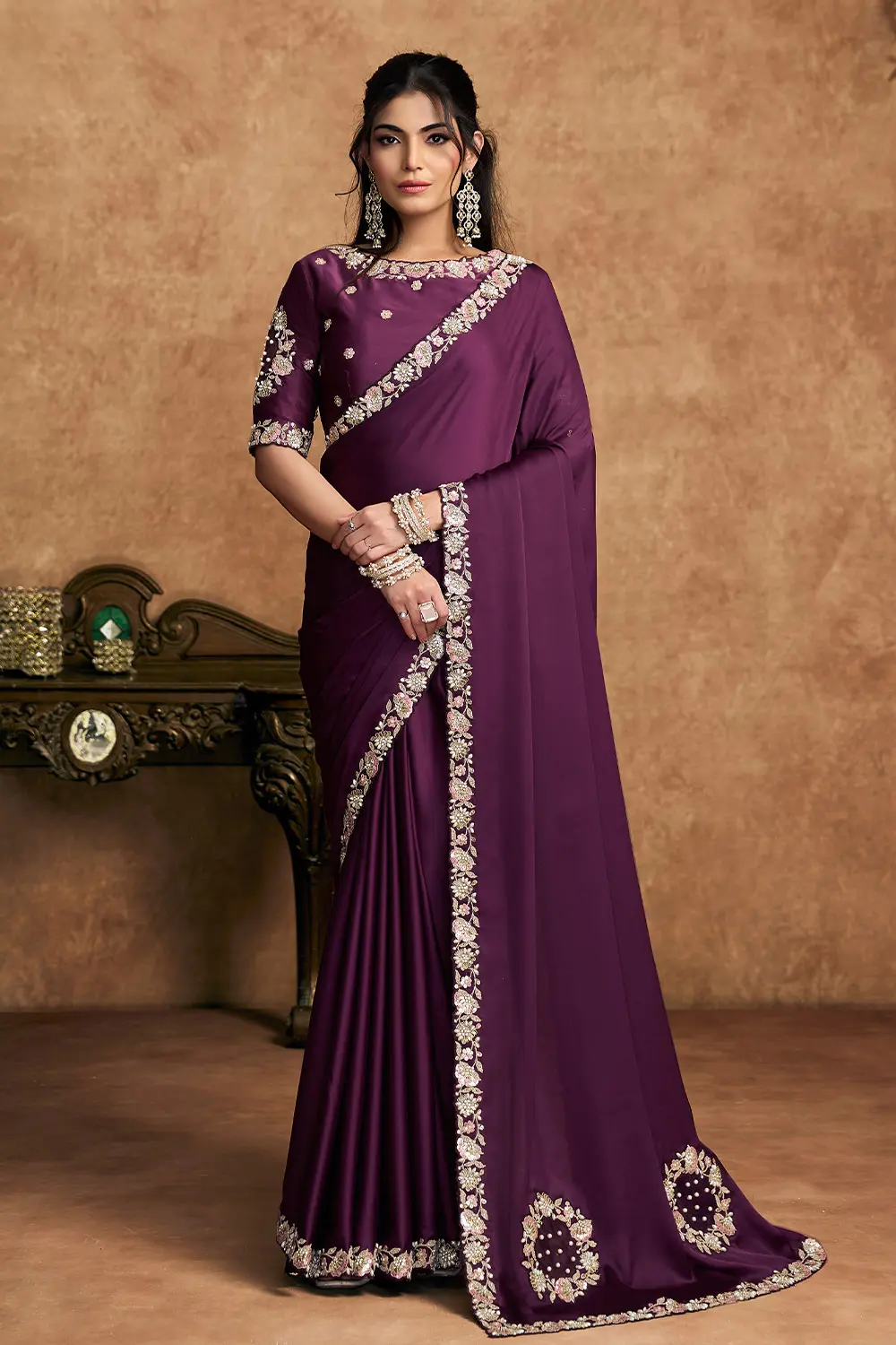 Elegant Wine Satin Silk Saree with Sequin & Pearl Embellishments Elegant Wine Satin Silk Saree with Sequin & Pearl Embellishments