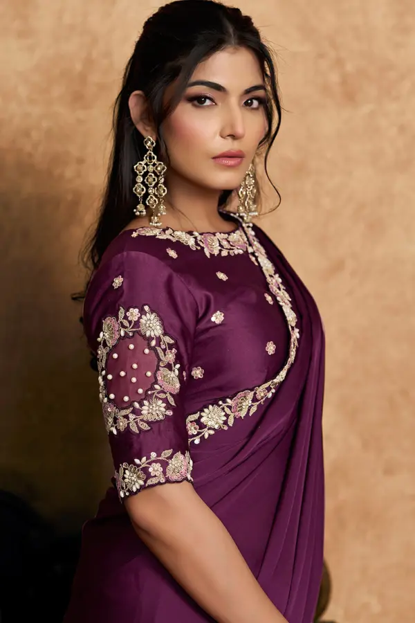 Draped satin silk saree showcasing glossy texture
