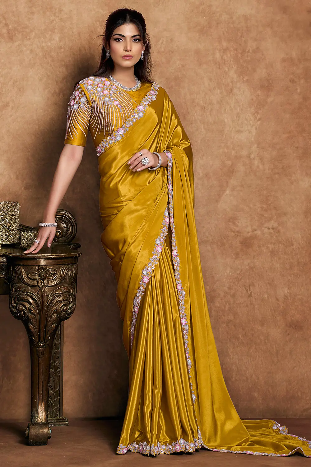 Golden Mustard Satin Silk Saree with Pearl Handwork & Sequin Embroidery Golden Mustard Satin Silk Saree with Pearl Handwork & Sequin Embroidery