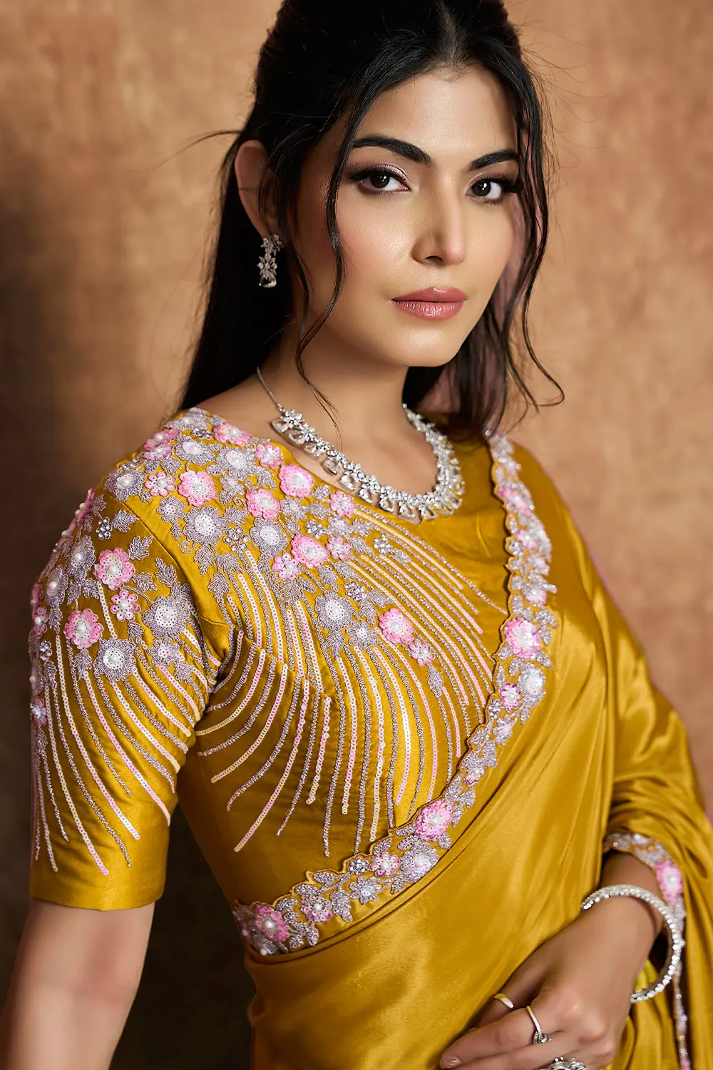 Draped satin silk saree showcasing smooth texture