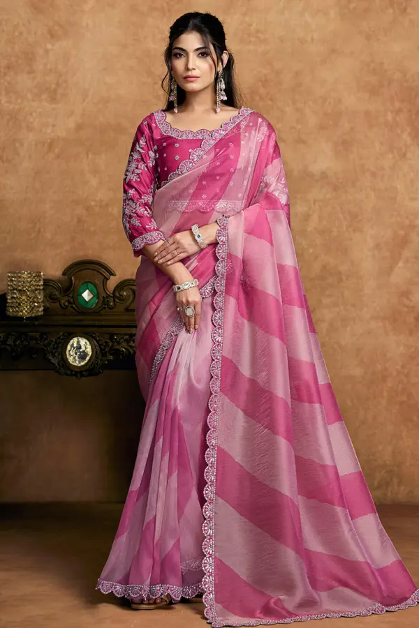Front view of Fuchsia Pink Embellished Saree with sequin and pearl work