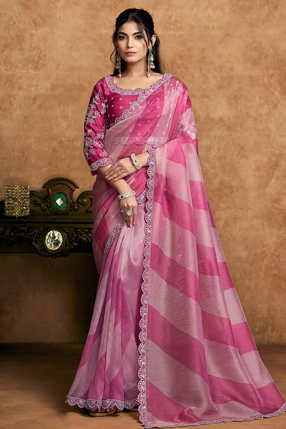 Fuchsia & Rose Pink Embellished Shimmer Saree with Sequin & Stone Detailing Fuchsia & Rose Pink Embellished Shimmer Saree with Sequin & Stone Detailing