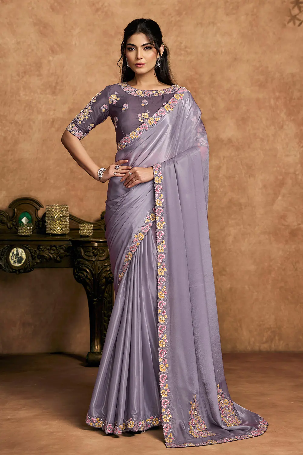 Dusty Lavender Crepe Silk Saree with Floral Sequin & Stone Work Dusty Lavender Crepe Silk Saree with Floral Sequin & Stone Work