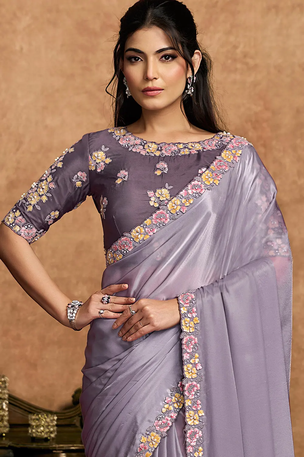 Draped crepe silk saree showcasing soft texture and flow