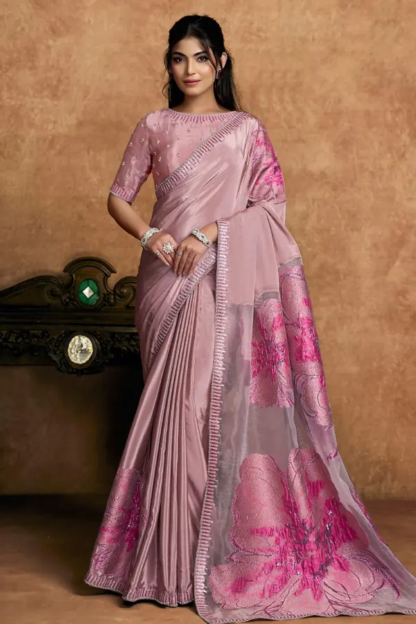 Front view of Blush Pink Satin Silk Saree with floral embroidery