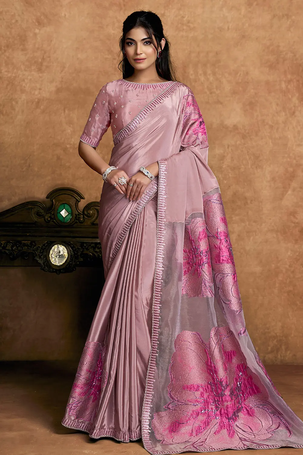 Blush Pink Satin Silk Saree with Floral Sequin & Pearl Work Blush Pink Satin Silk Saree with Floral Sequin & Pearl Work