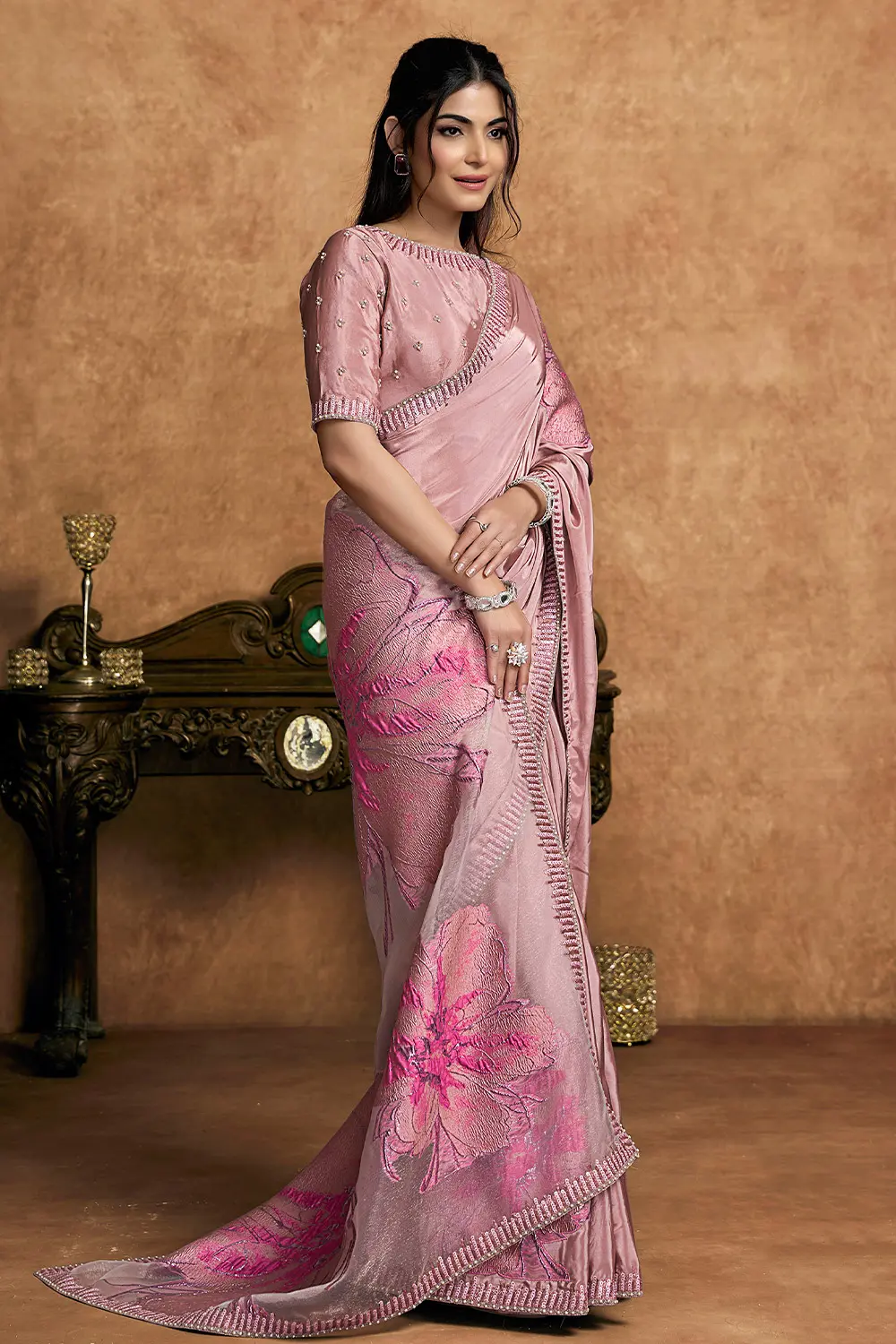 Draped satin silk saree showcasing smooth texture