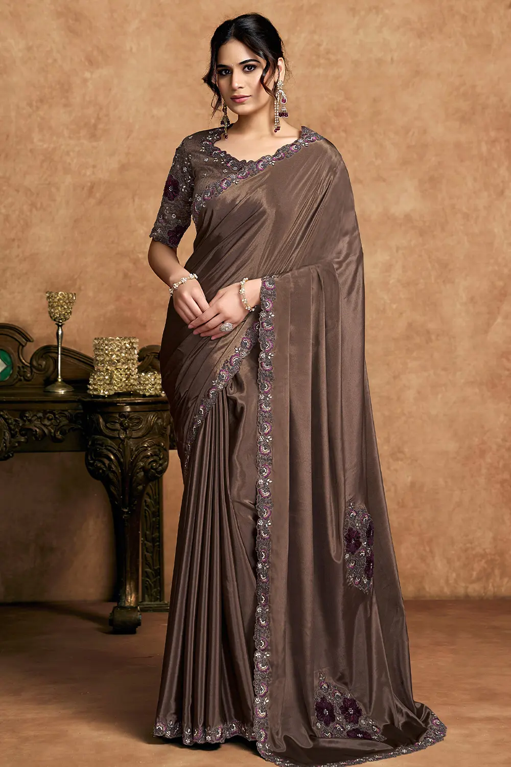 Espresso Brown Satin Silk Saree with Applique Flower Work & Stone Embellishments Espresso Brown Satin Silk Saree with Applique Flower Work & Stone Embellishments
