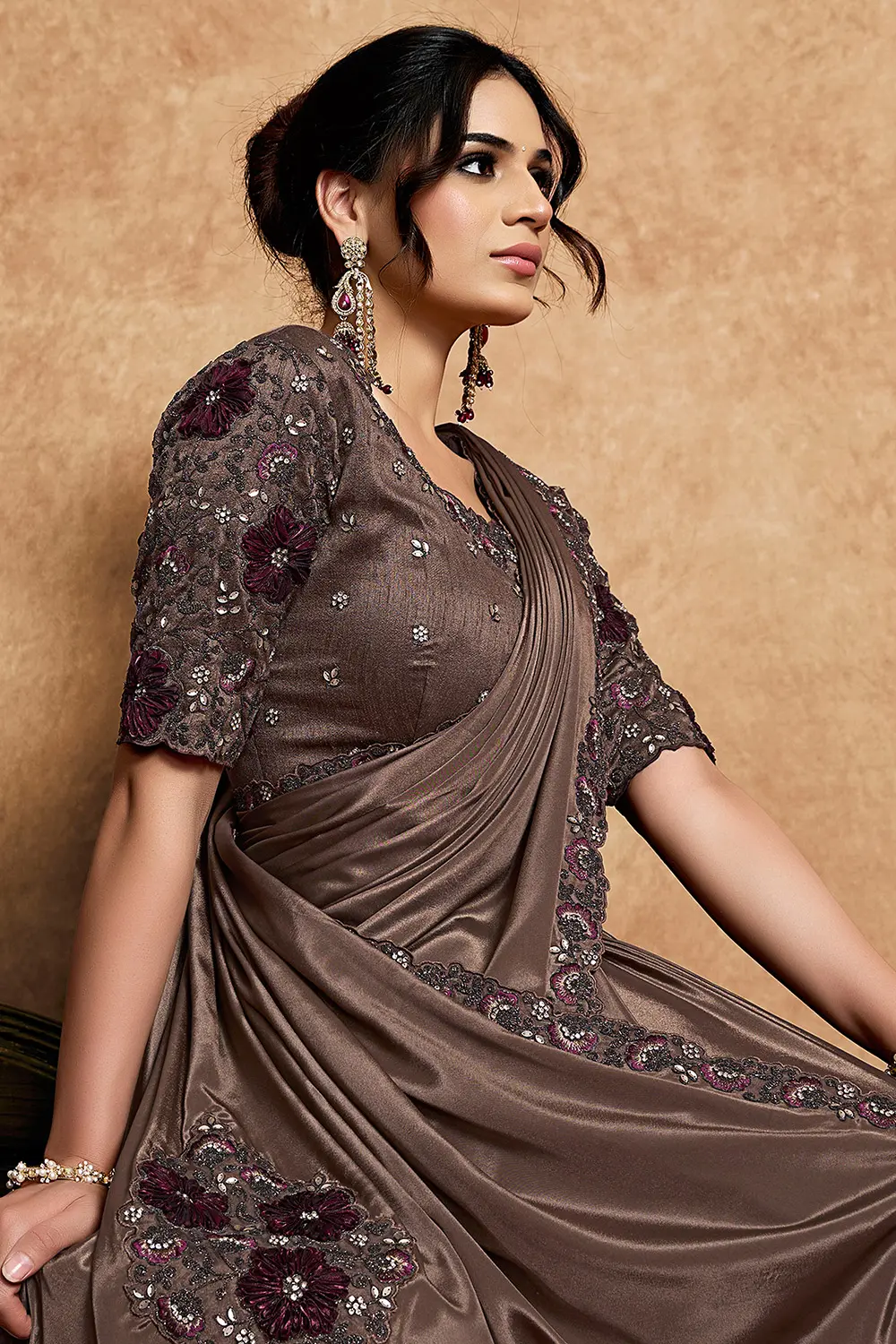 Model wearing espresso brown festive saree