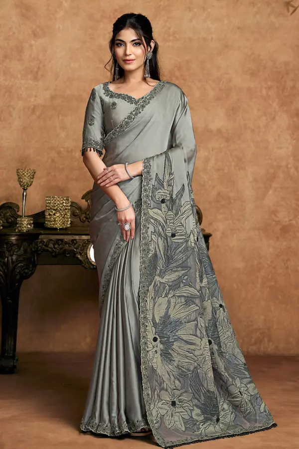 Front view of Steel Grey Satin Silk Saree showcasing embroidery with pearl and stone work