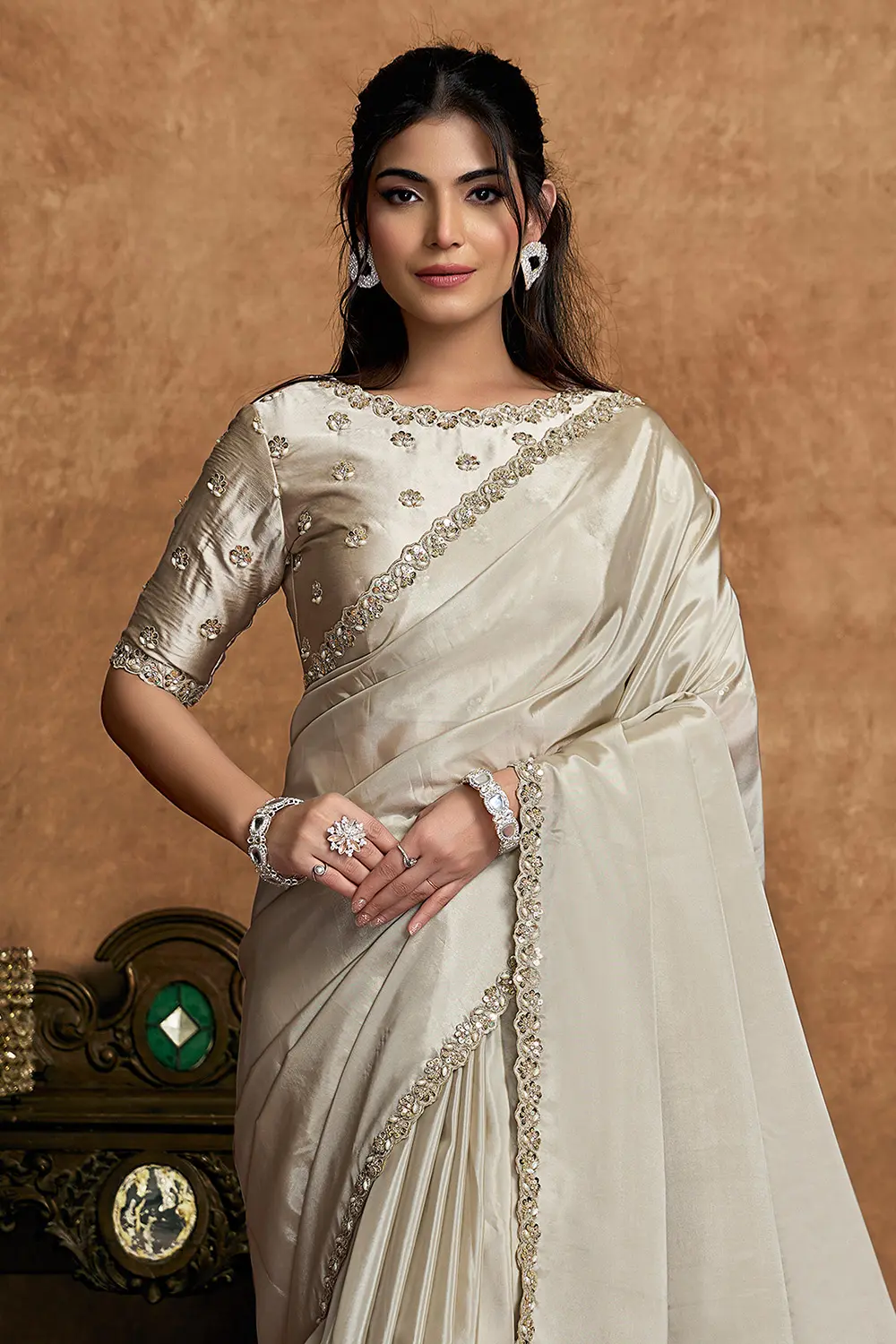 Draped crepe silk saree highlighting smooth texture and soft shine