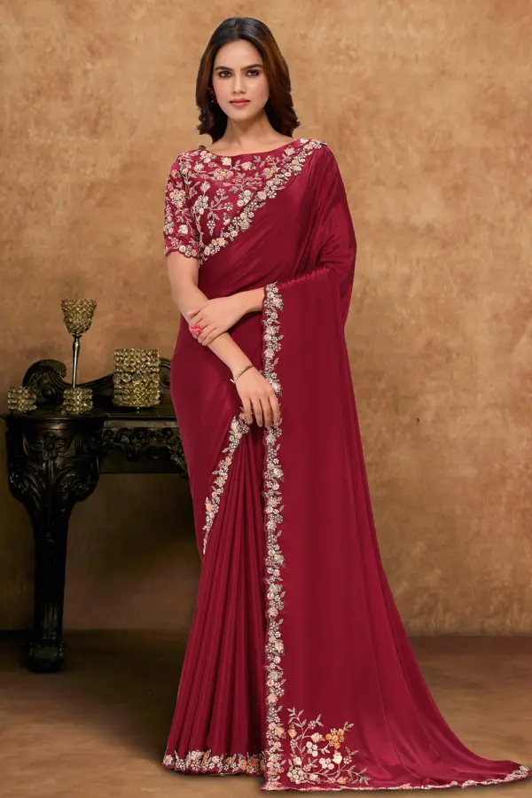 Front view of Deep Maroon Satin Silk Saree showcasing sequin embroidery and pearl detailing