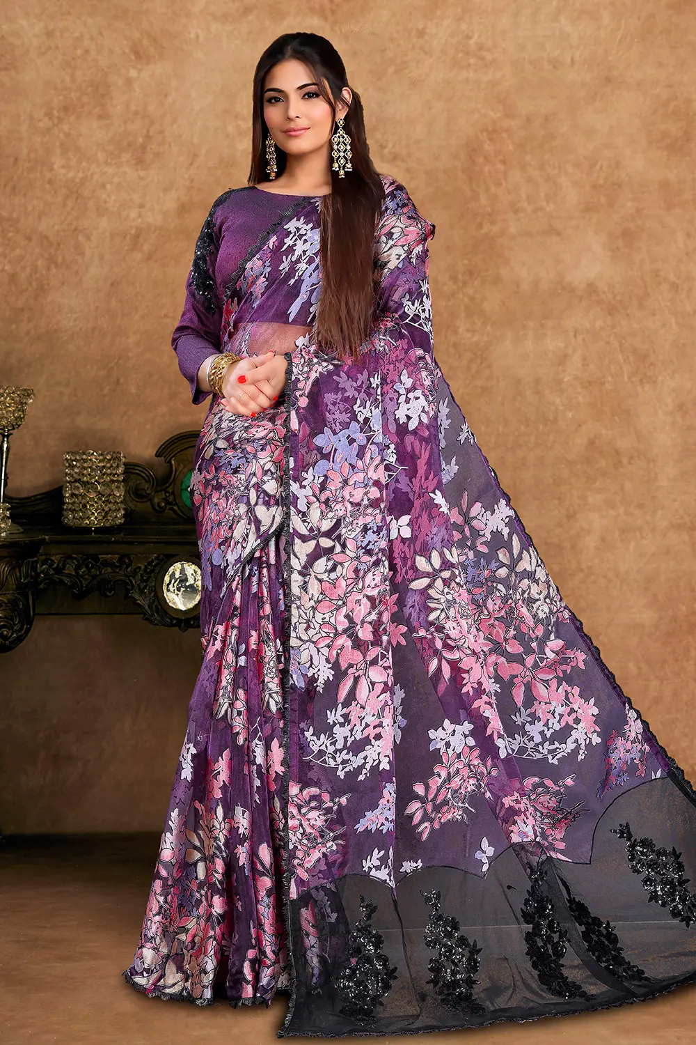 Deep Plum Premium Silk Saree with Embroidery & Stone Detailing Deep Plum Premium Silk Saree with Embroidery & Stone Detailing