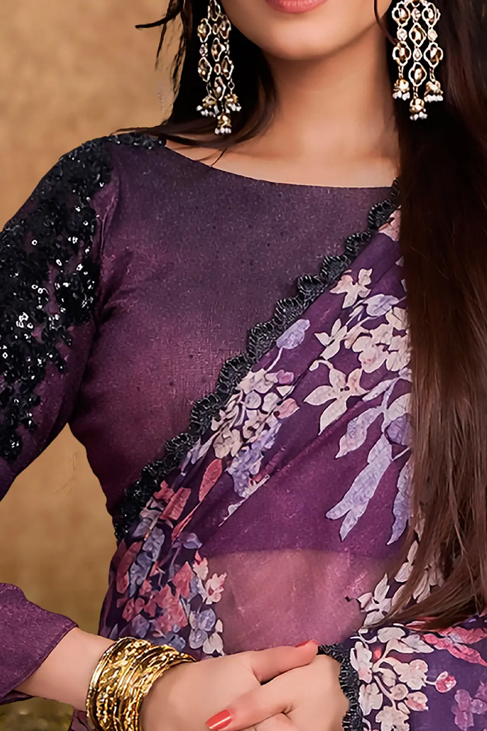 Draped premium silk saree highlighting smooth texture and shine