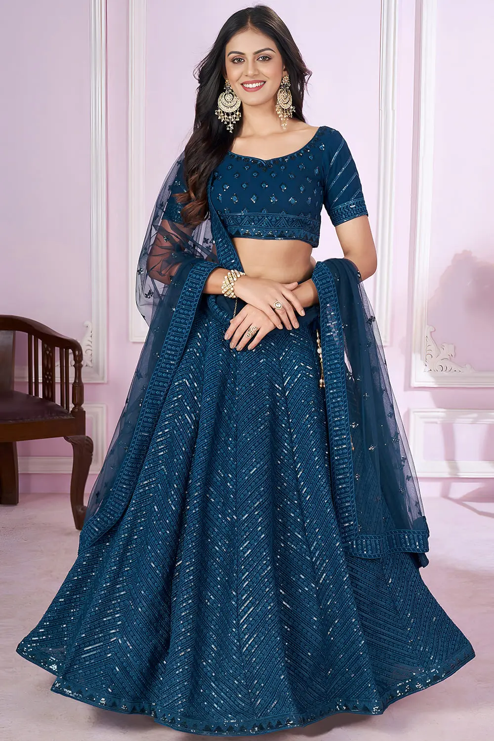 Prussian Blue Georgette Lehenga Set | Sequins & Zari Thread Work with Soft Net Dupatta Prussian Blue Georgette Lehenga Set | Sequins & Zari Thread Work with Soft Net Dupatta